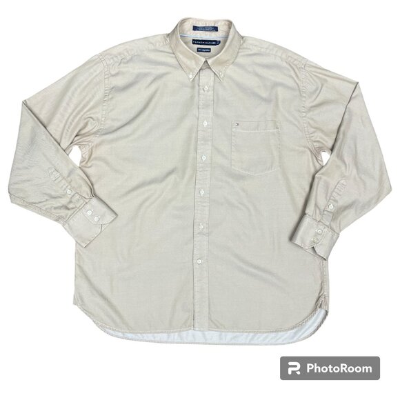 Men's TOMMY HILFIGER 80's 2 Ply Fabric Button-Down Dress Shirt Tan- Size XL - Picture 1 of 10